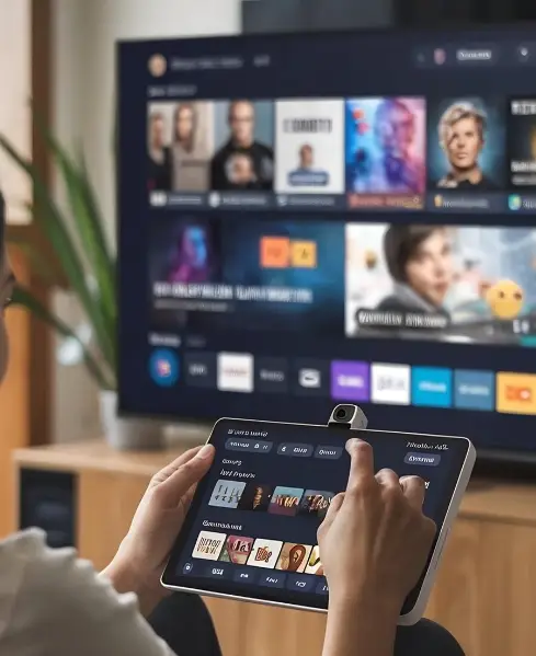 A person uses a tablet to control a streaming service displayed on a large television screen in the background