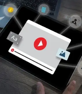 A hand interacts with a tablet showing a stylized video player and connected icons for data, text, and user profile