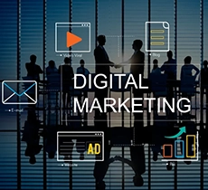 Silhouettes of people shaking hands in a meeting room with icons representing digital marketing strategies.