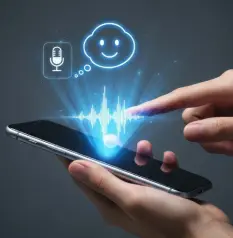 A hand holds a smartphone displaying a voice recognition waveform next to a microphone and a speech bubble with an "AI" icon