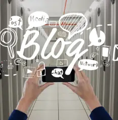 Hands hold a smartphone with a "Chat" bubble in the foreground, overlaid by a sketch of the word "Blog" and social icons in a server room